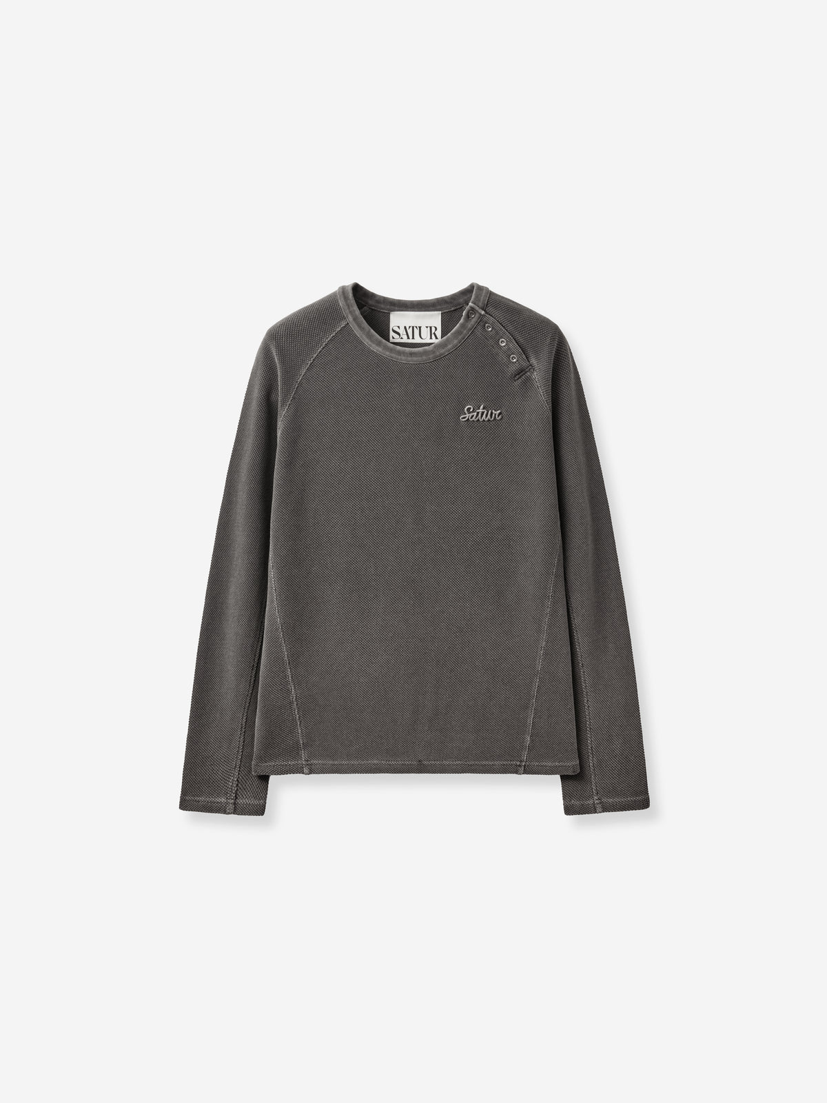 (U) Waffle Diagonal Henley Neck Long Sleeve