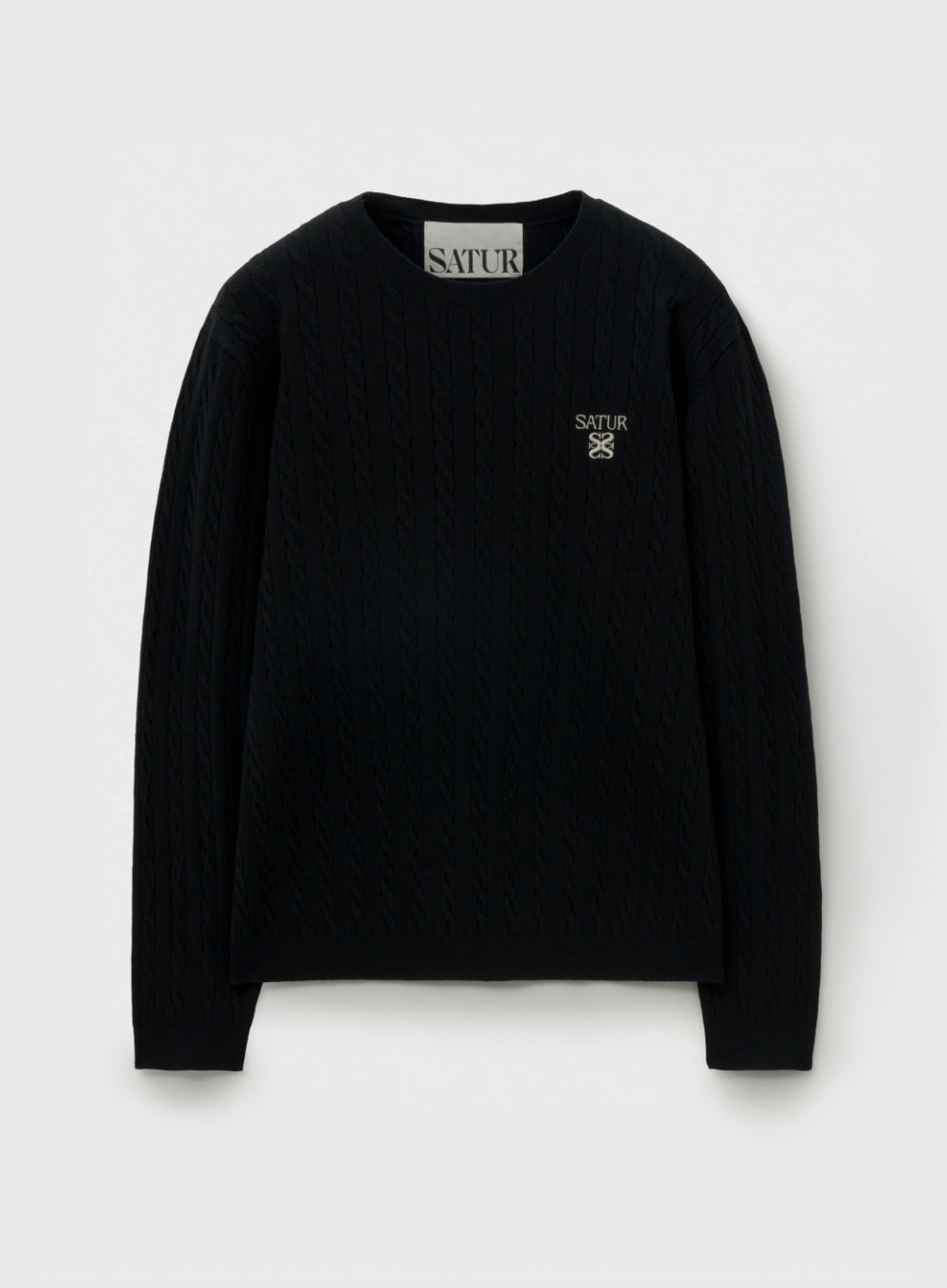 SATUR ブラック ニット U) Plain Cable Knit Crew Neck